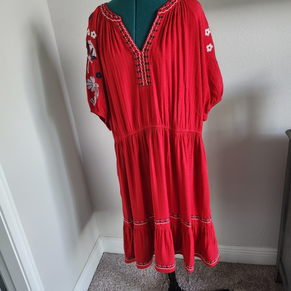 Kate & Sam Tiered Dress Women XXL Red Embroidered V Neck Fit & Flare